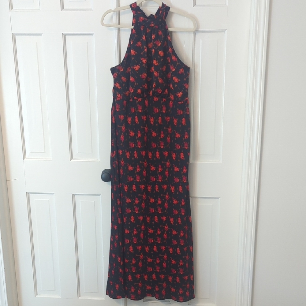 A New Day Black and Red Halter Floral Maxi Dress